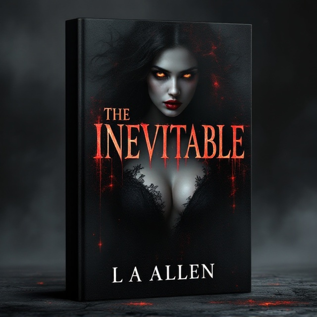 A haunting scene featuring a woman emerging from pitch-black shadows, her black dress blending into the darkness. Her red lips glisten like fresh blood, and her glowing amber eyes pierce through the gloom with an almost hypnotic intensity. The background fades into charcoal gray mist, with eerie, faint silhouettes of grasping tendrils or abstract shadowy forms. A subtle aura of red emanates around her figure, suggesting danger and allure.