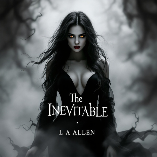 A shadowy figure of a woman in a form-fitting black dress that seamlessly merges with the surrounding darkness. Her dark long hair flows down, accentuating the mystery, while her piercing amber eyes draw the viewer into the eerie atmosphere. Her red lips serve as the only bright contrast, hinting at danger and intrigue. The background dissolves into mist, creating a surreal environment, with faint silhouettes of tendrils subtly entwining with her dress, suggesting a supernatural element.