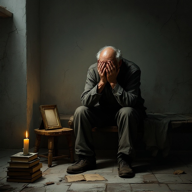 An illustration painted in deep, moody, muted tones. The central image depicts an old man sitting hunched over on a wooden bench, placed slightly off-center to evoke emptiness and imbalance. Dull hues of gray, brown, and a faint amber glow dominate the scene. The dimly lit room is highlighted with small but meaningful details a cracked wall in the background, a toppled pile of books at the bottom-left corner, a dusty photo frame placed on a chipped wooden side table, and the soft flicker of a dying candle casting shadows that seep into the surrounding darkness. The man's hands obscure his face, but the outline reveals the tension of regret and despair.