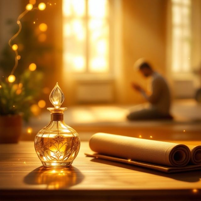 A warm-toned cover features a tranquil prayer room illuminated by soft, golden light, creating a serene and sacred atmosphere. A delicate glass bottle of intricately designed atar rests prominently on a polished wooden shelf in the foreground, its details sharply outlined to catch the viewer’s eye. Beside it lies a rolled prayer mat, subtly textured. In the background, slightly blurred to enhance depth, a man kneels in prayer, his silhouette bathed in the harmonious light. Subtle, ethereal golden threads meander through the background, resembling divine energy connecting the earthly scene to the heavens.