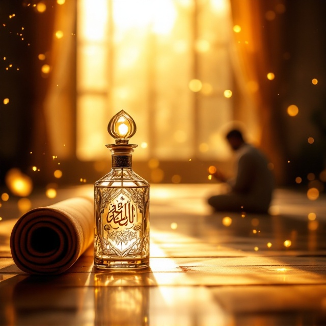 The cover centers on a warm-toned, tranquil prayer room suffused with soft, golden light, creating a serene and sacred ambiance. In the foreground, an intricately designed glass bottle of atar stands prominently, its elegance enhanced by sharp detailing. Next to it, a rolled prayer mat adds a subtle texture. The background features a slightly blurred silhouette of a man kneeling in prayer, enveloped by harmonious light. Ethereal golden threads weave through the scene, symbolizing divine energy connecting the earthly to the celestial.