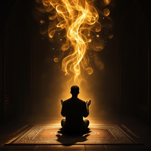 Set in the tranquil atmosphere of a dimly-lit prayer hut, a single figure is depicted kneeling on a textured prayer rug with their hands raised in salat. The person is silhouetted subtly, and their serene expression is softened by ambient golden light spilling through a nearby small lattice window. Above them, a faint swirl of translucent, smoke-like atar vapors drifts upwards, forming abstract shapes that hint at divine imagery. Shadows and earth-toned textures dominate the scene, complementing the mystical tone. The title of the book is centered at the top, surrounded by intricate, faint, Islamic geometric patterns fading into the background.
