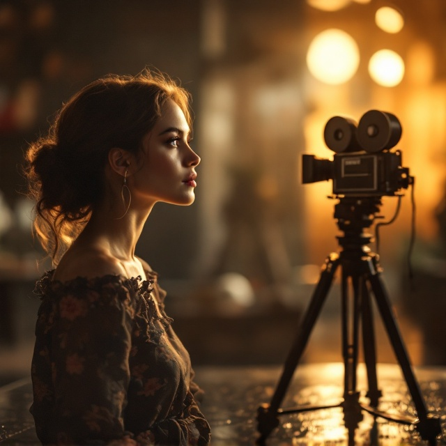 A striking visual featuring a beautiful actress in a golden-hour glow, subtly looking at a retro film camera on a tripod positioned on the right. A soft blur is used in the background, showing a hint of a film studio with lights and decor elements. The color palette incorporates cinematic tones, such as deep amber, charcoal gray, soft cream, and gold accents to evoke elegance and depth.