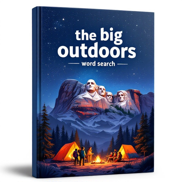 A vivid illustration of Mount Rushmore serving as a backdrop with a vibrant night sky filled with stars. A cozy camping scene with a tent, campfire, and hikers is nestled in the foreground, creating a sense of adventure and the great outdoors.