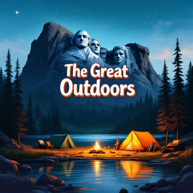 A majestic illustration featuring Mount Rushmore in the background, with a serene campsite in the foreground. A glowing campfire flickers, surrounded by neatly pitched tents, while fishing gear leans casually against a nearby tree. A small lake reflects the towering monument above, accentuating a deep blue sky with scattered stars. Pine trees flank the scene on either side to frame it naturally.