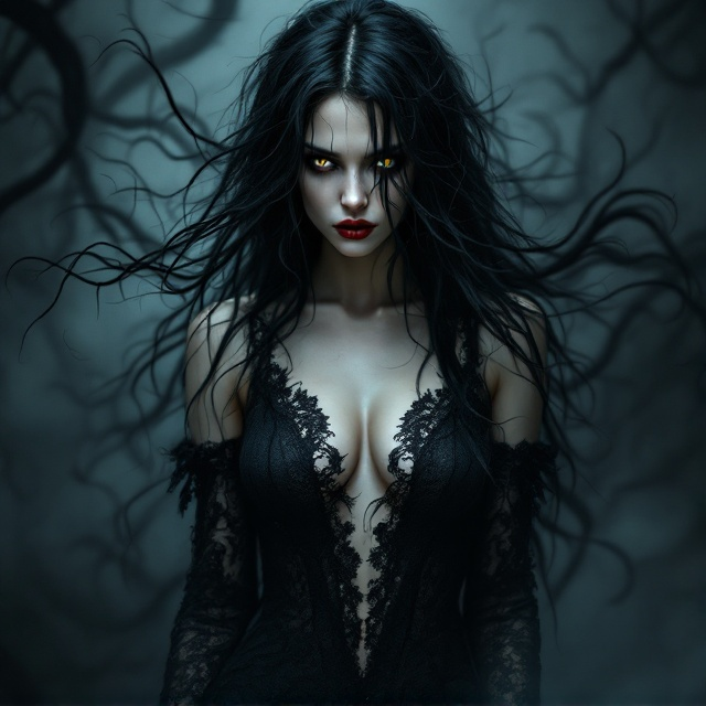 A haunting image of a woman in a long, wild, black dress with lace climbing up to her neck. Her long black hair flows around her, partially obscuring her face, while her amber eyes and red lips provide intense focus points. Her dress seamlessly merges into a background of swirling tendrils and mist. Shadows play intricately across her form, enhancing the eerie mood.