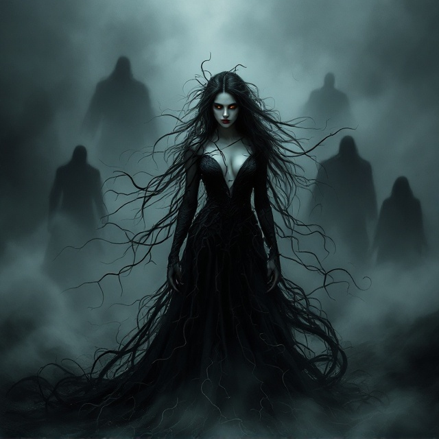 The cover features a haunting and ethereal depiction of a woman standing at the center. She wears a long, wild black dress, intricately designed to seem like it is climbing up her neck. Her long, dark, wild hair flows dramatically, blending seamlessly with the misty, charcoal background. Around her, tendrils blur the line between her dress and the shadows, adding an element of suspense. Her eyes, a striking amber, and full red lips are the focal points. Silhouettes loom in the mist, creating an atmosphere of fear and intrigue.