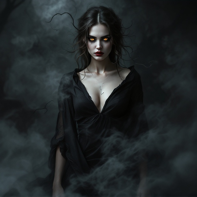 A dark, charcoal-toned background with swirling mist enveloping the scene. Subtle tendrils emerge from the mist and seamlessly merge into the edges of the woman’s flowing black dress. The dress reaches up her throat, emphasizing her solemn, eerie demeanor. She stands center stage, her amber eyes glowing intensely under the shadowy light, contrasting starkly with her blood-red lips. The mist and tendrils create an ominous frame for her.