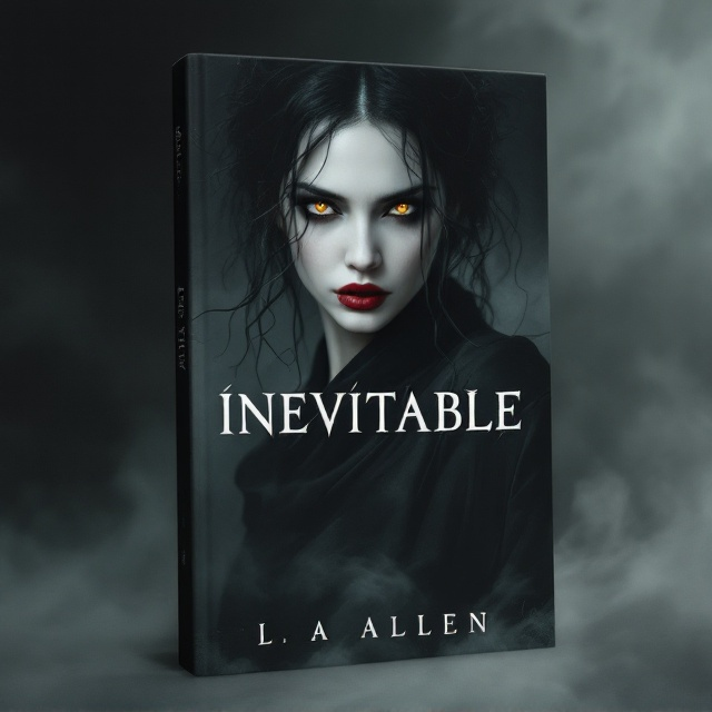 The cover depicts a hauntingly beautiful close-up of a woman’s face. Her amber eyes glow with an unsettling intensity, drawing the viewer into a state of suspense. Her dark, loose, and wild hair frames her pale, intense features. Her blood-red lips stand out vividly against her charcoal-toned complexion. She wears a long black dress that seems to climb up her throat, merging seamlessly into the swirling mist of the background. Shadowy tendrils creep out of the mist, gently intertwining with the folds of her dress, creating an eerily organic connection between her and the shadows. The background is imbued with smoky charcoal-gray tones, layered with faint silhouettes, ensuring an ominous atmosphere.