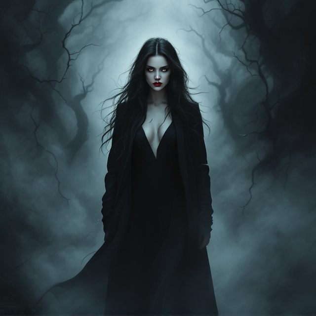 The cover features a swirling mist background, enveloping the scene in an eerie ambiance of shadows. The mist has subtle wild tendrils snaking outward. At the forefront, a striking silhouette of a woman stands with piercing amber eyes and red lips, her long dark hair flowing like a cascade. She wears a long black dress that seamlessly merges into the background, becoming one with the tendrils. Draped over her shoulders is an open long black jacket that adds depth to her presence. The shadows play across her face, hinting at the mystery and horror within.