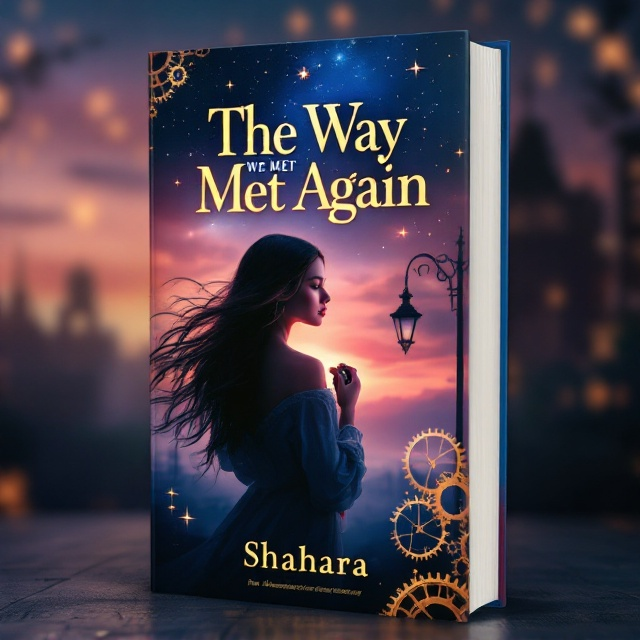The cover features a mesmerizing twilight gradient sky transitioning from deep blue to pink, overlaid with hints of golden stars. At the center-left, a girl with flowing hair is standing with her back to the viewer, holding an ornate antique watch close to her chest. In the background, a faint, hazy silhouette of 1980s architecture and a classic streetlamp evoke the 1989 setting. Clock gears subtly overlap the edges of the cover, creating a magical time-travel ambiance.
