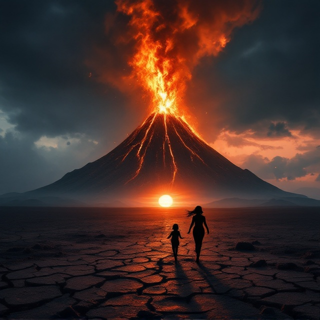 The background depicts a fiery, erupting volcano under a dark, stormy sky. The volcanic smoke swirls ominously, casting shadows across the scene. The foreground features the silhouettes of a terrified mother and daughter, running across a barren, cracked sub-Saharan landscape illuminated by a dim, blood-red sun low on the horizon. Flames from the volcano subtly blend into the sky, giving a hellish effect. Ancient African tribal carvings are etched faintly into the cracked plains, adding a mysterious and ancient vibe.