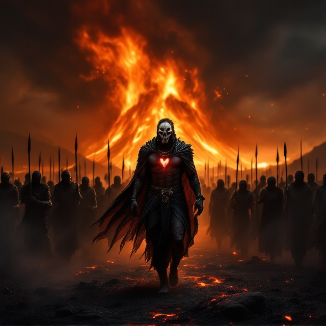 The cover is a foreboding, dark scene dominated by a distant, fiery volcano in mid-eruption, its molten rivers glowing in streaks of orange and crimson against a smoldering black sky. In the foreground, shadowed silhouettes of an ancient African army march in formation, their spears tipped with faint glimmers of firelight. Leading them stands the king in dramatic focus. His crocodile skin loincloth and cape ripple ominously in the wind, the crocodile skull over his crotch serving as a macabre centerpiece. His necklace features a glowing red heart stone that pulsates against his dark muscular chest. Smoky tendrils twist and mix with the fiery palette, creating an atmosphere that feels heavy, menacing, and alive with magic.