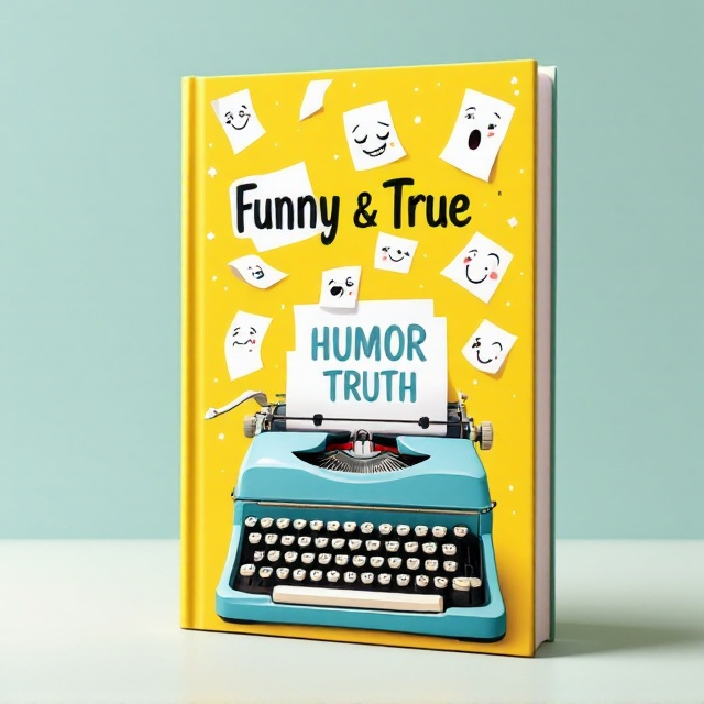 A playful yet poignant design featuring a bright yellow background with a vintage-style typewriter at the center. From the typewriter, sheets of paper appear to fly upward, morphing into various emotive facial expressions (cartoon-style) representing humor and truth. Subtle, pastel-colored splashes in the background add a whimsical feel.