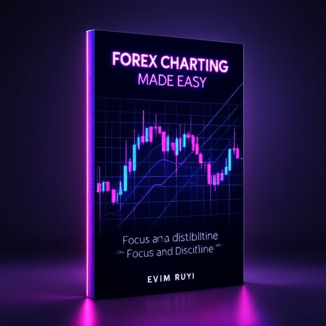 The cover features a sleek technical financial chart as the centerpiece, spanning diagonally across the cover from top left to bottom right. The chart's trend lines and candlesticks are glowing in neon blue and purple tones, reinforcing the focus and discipline theme. A subtle grid background fades into the deep purple, creating a dynamic but professional canvas. Soft gradient lighting radiates out from the technical chart, lending depth.