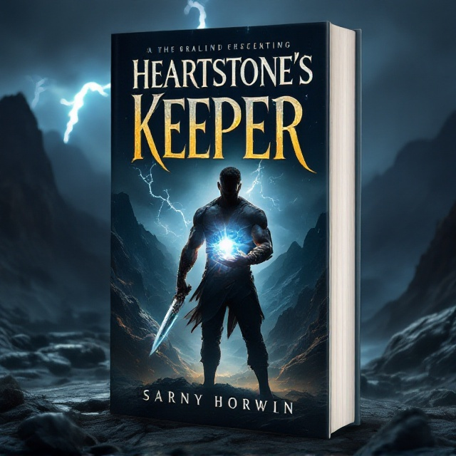 A lone, muscular hero silhouetted against the backdrop of a rugged, otherworldly mountain range. The hero stands protectively with a glowing, mystical stone (the "Heartstone") cradled in one hand, while the other hand wields a sharp, ancient weapon. The background fades into a stormy, dark sky streaked with lightning, suggesting an epic adventure. Vibrant bursts of light emanate from the Heartstone, adding focus and drama to the scene.