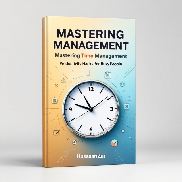 A central image of a dynamic clock with sleek hands pointing at different angles, portraying the idea of movement and urgency. The background is a gradient transitioning from a calm light blue at the top to a sharper, more focused golden hue near the clock, symbolizing productivity and clarity. Subtle overlays of ticking lines spread across the edges of the cover creating a feeling of structure and organization. Above the clock is the title written prominently, with smaller icons of tasks (e.g., a paper stack, a calendar, gears) subtly weaved into the clock's design for added context.