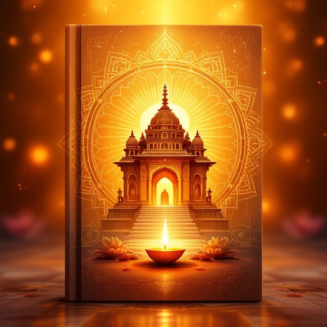 A warm golden and saffron gradient background inspired by the colors of dawn, symbolizing spirituality and devotion. In the center, a delicate illustration of Sant Gyaneshwar Mandir with ethereal rays of light emanating from it, surrounded by intricate mandala patterns. The mandala radiates a soft glow, adding depth and an aura of sacred bliss. Small icons of diyas (lamps) and lotus flowers are arranged subtly to accentuate the peaceful theme.