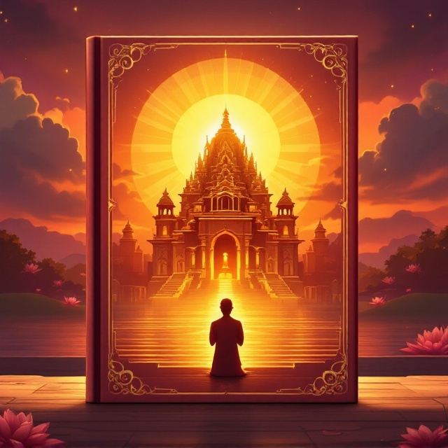 A serene illustration of the Banke Bihari Temple in its glory, with soft golden light radiating from behind it. In the foreground, a silhouette of a devotee with folded hands facing the temple. The background features a gradient sky transitioning from a deep orange to royal purple, symbolizing devotion, love, and divine peace. A faint depiction of lotus flowers and Vrindavan’s sacred atmosphere adds a delicate spiritual touch.