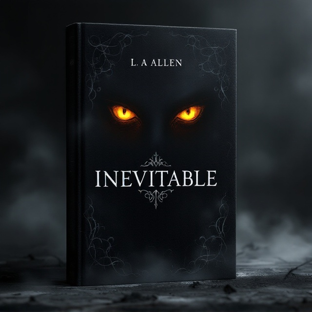 A pitch-black, misty background, with a glowing pair of piercing amber eyes emerging from the center, slightly obscured by wisps of shadow. Around the edges, barely discernible tendrils twist and curl with eerie elegance, forming a border that appears almost alive.