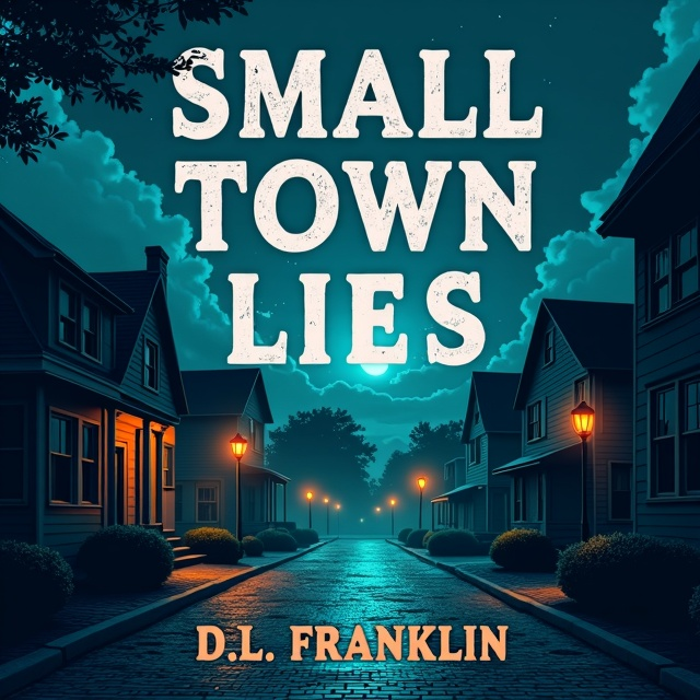 A moody nighttime illustration of a small, seemingly peaceful town is central to the cover. Dim, glowing streetlights reflect on wet cobblestone streets. Silhouettes of houses rest under a cloudy, moonlit sky. Shadows stretch ominously from the corners, and a single window in one of the houses glows eerily orange, contrasting with the overall teal and blue tones. Whispered tree branches creep into the upper edges of the cover, creating depth and intrigue.