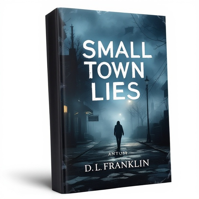 A dimly lit scene of a small, weathered town street at night, shrouded in mist. A lone figure is seen walking in the distance, shrouded in mystery. Shadows of silhouettes are barely visible through the fog, giving an eerie and suspenseful vibe. The background is dominated by subtle hues of navy blue, gray, and black, with a faint glow from an old-fashioned streetlamp that casts long, dramatic shadows. A faint impression of tattered papers (symbolizing hidden secrets) floats through the mist near the foreground.