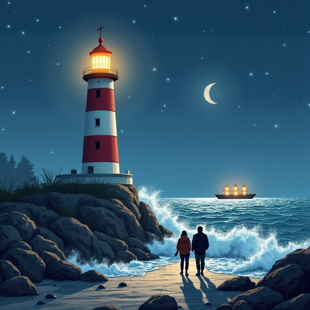 A painted scene of a tall, white-and-red striped lighthouse glowing softly in the moonlight on a rocky shoreline. The light pierces a dark, starry sky while waves crash dramatically against the shore. In the foreground, an old man and a teenager are walking side-by-side along the rocky path; their silhouettes illuminated by moonlight splashing over the rocks. In the background, a distant ship with faint lanterns bobs gracefully in the water. The natural colors of blues, greys, and whites create a calm and serene vibe.