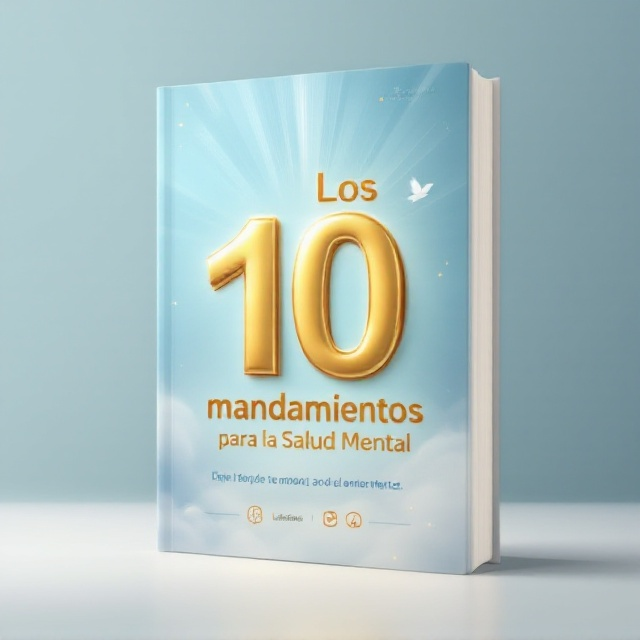 A serene gradient background transitioning from a soft, uplifting sky blue at the top to a calming white at the bottom. Centered is a 3D golden tablet icon representing the "10 commandments" concept. Around the tablet, there are light sunbeam rays emanating subtly to evoke peace and enthusiasm. Small, delicate icons representing mental clarity (like a brain outline, a heart, and a dove) are scattered lightly towards the edges.