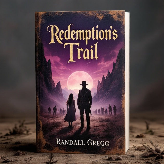The cover features a dramatic illustration of a solitary Confederate soldier, standing amidst a desolate and barren landscape reminiscent of the American West. The sky glows with a bruised plum hue, casting an eerie light over the scene. To his left, a ghostly apparition of a woman, his beloved wife Sarah, gazes at him with sorrowful eyes. On the right, a fierce-looking Native American warrior, depicted in striking detail, seems poised for battle. The background depicts a caravan traveling west, under siege by shadowy figures, evoking a sense of danger and turmoil. These elements are intertwined with jagged mountain silhouettes clawing at the sky and shadows stretching across the ground.