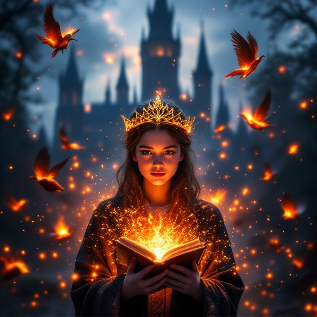 The cover portrays a tall, grandiose magical school in the background with towering spires, glowing softly in twilight hues. A teenage girl, with an air of determined wonder, stands front and center. She holds a glowing, intricately designed magical tiara emitting fiery orange sparks that illuminate her face. Surrounding her, several enchanted books with feathered wings soar gracefully, leaving trails of glittering light. Wisps of fire magic spiral around her, creating an aura of warmth and enchantment. The scene transitions from cool blues and purples in the background to fiery oranges and reds in the foreground for a dramatic gradient effect.