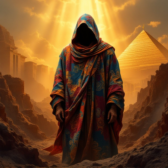 Joseph is depicted standing at the center, his coat of many colors flowing with vibrant patterns and dynamic texture. His hood partially shadows his face, creating an air of mystery and humility. In the foreground, a pit dominates, its jagged edges symbolizing beginnings and trials. To the left, Potiphar’s palace is outlined with subtle but recognizable features, transitioning into a nearby prison structure, both colored in earthy browns and greys to evoke preparation and refinement. In the background, the grandeur of the Egyptian palace gleams in opulent gold and white, signifying the ultimate triumph and promise fulfilled. Rays of light pierce through textured clouds, creating a golden glow that softly edges every element. The background blends earthy tones to form a gradient that transitions from darkness at the foreground to divine light at the horizon, leading the reader’s eyes across the narrative path of Joseph’s journey.