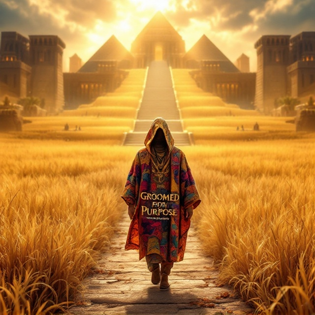 Joseph, in the center, is depicted wearing a bold, vibrant, and textured coat of many colors. His hood is pulled up, shrouding his face partially, symbolizing humility and mystery. He is walking through a vast, golden field that fades into a staircase winding upward toward a grand Egyptian palace that looms majestically in the background. On either side of the field, pyramids and an intricate Egyptian cityscape stretch outward. Rays of golden light pierce through a cloudy sky, bathing Joseph and the field in a divine, ethereal glow. The horizon pulls the eye upward toward the stairs and palace, creating a sense of empowerment and destiny.