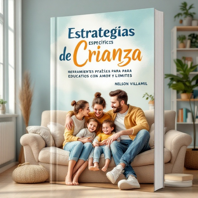 A heartwarming illustration of a family—a mother, father, and two children—seated on a cozy, plush couch in a well-lit living room. The parents are smiling, embracing, or interacting with the children in an act of unmistakable tenderness, symbolizing love and togetherness. The backdrop showcases soft, warm details like bookshelves, plants, and a softly painted wall in varying shades of soothing blue. The main title is prominently displayed above the family scene, with smaller subtitle text beneath it. Author's name is positioned elegantly at the bottom.