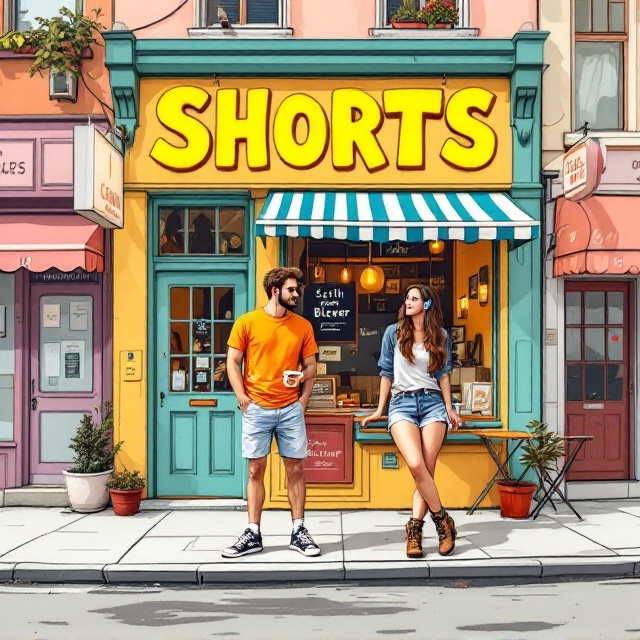 A vibrant and playful city street scene with a focus on a young man and woman standing casually in front of a quaint coffee shop. The man is wearing a brightly colored t-shirt, jean shorts, and classic Chuck Taylor shoes, leaning slightly against the wall of the café with a coffee cup in hand. The woman, in daisy Dukes shorts, rugged combat boots, and sleek headphones, leans against the coffee shop window, looking effortlessly cool. The background showcases an energetic, urban vibe with subtle pastel tones and stylized line art of the coffee shop, surrounding buildings, and outdoor seating.