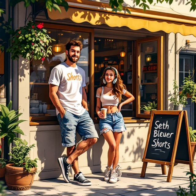 A vibrant, illustrated scene featuring the guy and girl casually leaning against a lively urban coffee shop front. The coffee shop has warm tones with rustic wooden details, accented by pops of green from hanging plants. The guy is depicted in casual jean shorts, a graphic T-shirt, and Chuck Taylor sneakers, standing with his hands in his pockets and a laid-back expression. The girl stands nearby holding a coffee cup, headphones around her neck, dressed in daisy dukes, a pastel crop top, and combat boots. The sandwich board with "Seth Bleuer" is sitting near the front door of the café with bold, handwritten-style typography. Soft sunlight streams into the foreground, creating shadows and adding depth.