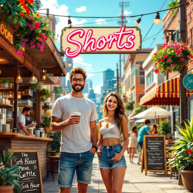 A lively, sunlit scene depicting a bustling Seattle coffee shop with a vintage charm. Bright colors fill the cover, highlighting the city's vibrancy. The guy and girl stand in the foreground, both with an aura of playful confidence. The guy sports jean shorts and a T-shirt, complementing his Chuck Taylors, while the girl radiates charm in a crop top and Daisy Dukes, casually sipping a coffee. The shop’s sign above them spells out "Shorts" in bold, cheerful letters. A detailed barista in an apron is seen behind the counter, handing a coffee cup to a joyful customer, creating an atmosphere of warmth and camaraderie.