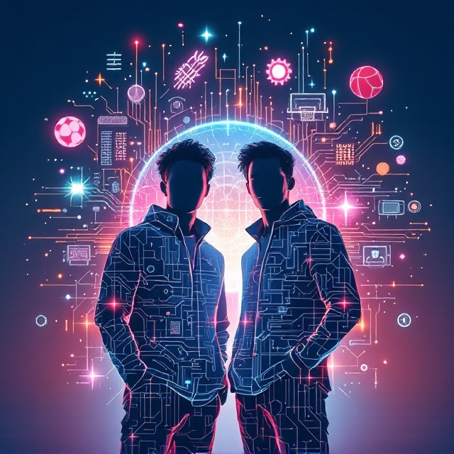 Two male students are depicted standing confidently in the foreground, stylized as silhouettes with intricate modern geometric patterns. Behind them, a collage of sports icons (e.g., soccer ball, basketball hoop, running track, tennis racket) merges seamlessly with technological and science-based elements—circuit boards, molecules, and gear illustrations. The background gradient shifts dynamically from deep navy blue at the bottom to a lighter sky blue at the top, with glowing neon accents outlining the sports and tech symbols.
