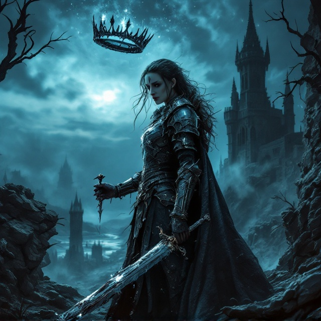 A fierce-looking girl clad in worn, battle-scarred armor stands on the crumbling battlements of a dark kingdom, her expression grim. In one hand, she holds the shattered remnants of Excalibur, glowing faintly. In the background, an ominous blackened crown hovers above a desolate kingdom veiled in swirling dark blue mists. Spiky dead trees and jagged castle towers complete the backdrop, creating a somber mood. The horizon bleeds into a subtle blending of dark blue and black, evoking twilight on the verge of despair.