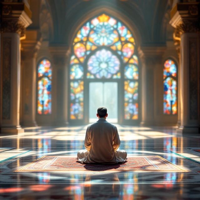 A serene scene of a man in traditional attire performing namaz is the centerpiece of the cover. He is positioned slightly to the right, kneeling on an ornate prayer mat within the stunning interior of the Nasir al-Mulk Mosque. The intricate stained glass casts colorful hues onto the polished floor, creating a mesmerizing spectrum of light and shadow reflecting devotion and spirituality. The background features the grand architecture of the mosque, with detailed patterns of Persian tiles emerging in soft focus. The overall color palette includes warm golds, soft blues, and ruby reds to contrast the man’s solemn figure.