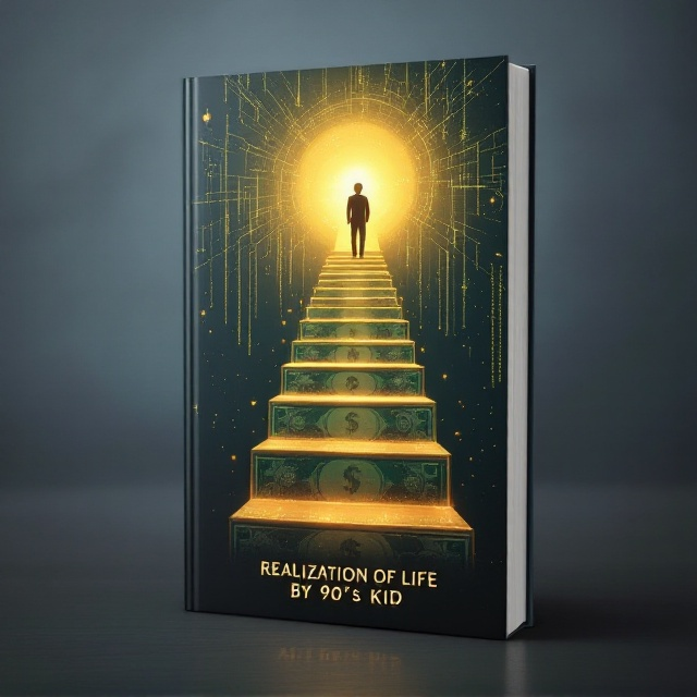 A simple, modern flat-style design with a human figure standing at the base of a staircase made of glowing, transparent currency notes (symbolizing the time value of money). The glowing staircase ascends into a vibrant, celestial sky with interconnected digital network lines, symbolic of escaping the "matrix." The background transitions from a dark, matrix-like slate-grey at the lower half to a warm golden sunrise at the top half, indicating realization and purpose. Small icons such as a clock, light bulb, and dollar sign are subtly integrated around the figure to represent time, purpose, and financial success.