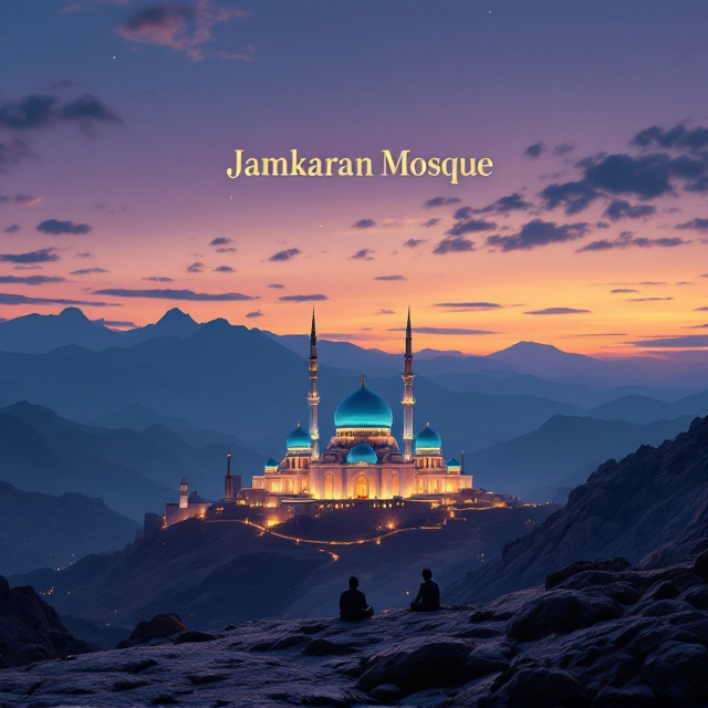 A serene view of the Jamkaran Mosque depicted at dusk, illuminated by golden lights reflecting off its iconic turquoise domes. The image is framed to include the sweeping perspective from Mount Khizr, where rugged natural textures contrast with the elegance of the mosque. The foreground contains subtle shadowy outlines of a figure seated in quiet contemplation, emphasizing devotion. The sky transitions from deep indigos to soft purples with scattered wispy clouds, creating an emotional and reflective tone.