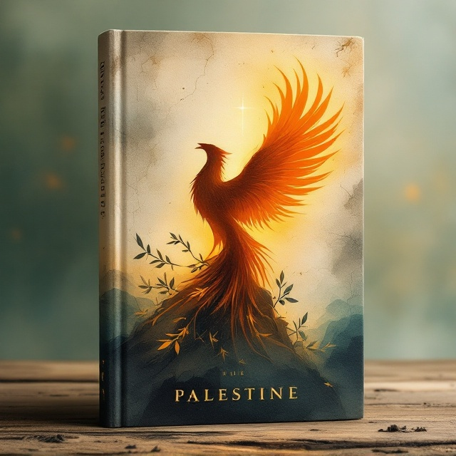 A silhouette of a phoenix rising from ashes, symbolizing resilience, foregrounded against a faintly painted map of Palestine. The color palette features earthy tones—desert beige, forest green, and twilight blue—accentuated with fiery orange and amber hues for the phoenix. Olive branches subtly intertwine with the silhouette, and a gentle beam of light emerges from the bottom to the top, suggesting hope and renewal.
