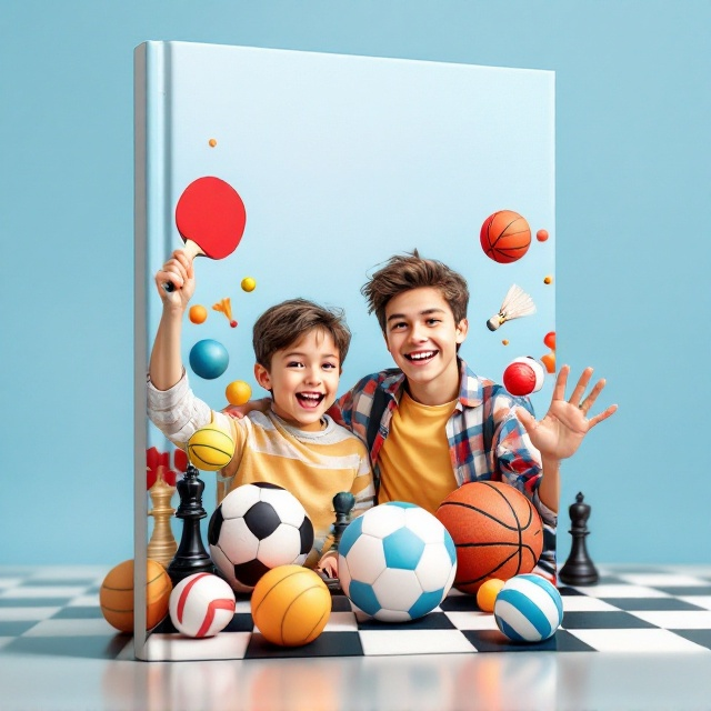 A playful and vibrant design featuring two students enthusiastically interacting with an array of sports balls. The balls — a ping pong ball, a soccer ball, a basketball, a volleyball, a badminton shuttlecock — are artistically scattered around and overlaid onto a backdrop of a chessboard, merging sports with a strategic game. The background is a subtle blend of blue and white shades, giving a scientific and technological feel.