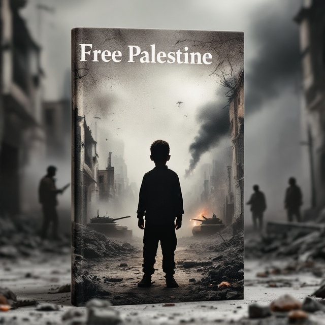 The cover features a stark, dramatic scene of a young Palestinian child standing boldly amidst the ruins of a war-torn street. The shattered remnants of buildings frame the background, where smoke gently curls into the sky, highlighting the chaos and destruction. In the foreground, the child is poised with a small stone in hand, a determined expression on their face, their silhouette stark against the smoky backdrop. The muted color palette of greys and browns emphasizes the somber mood, while a subtle touch of red adds a hint of vibrancy. The cover is bordered by the silhouette of tanks and soldiers, emphasizing the theme of resistance.