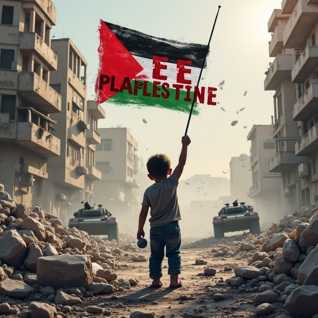 A dramatic and intense scene features a young Palestinian child standing prominently in the foreground. They hold a Palestinian flag, its red, black, white, and green colors vivid against the smoky, ash-gray skies. In the child’s other hand, a small stone is clenched tightly. Surrounding the child, the war-torn streets display debris, crumbled buildings, and scraps of fabric fluttering in the wind. In the background, Israeli tanks are faintly visible as shadows against the smoke. The upper portion of the cover features cries of “Free Palestine” in bold brushstroke style scattered faintly, blending into the rubble like haunting echoes.