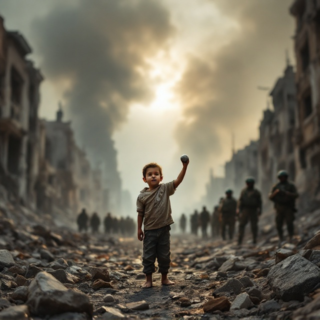 The foreground centers on a young Palestinian child, barefoot and standing resolutely amid the rubble. The child is captured mid-action, raising a small stone with defiance in their eyes. The background portrays a dystopian cityscape of Gaza in ruins, with crumbling buildings and black smoke billowing into a storm-gray sky. The child is illuminated by soft golden light breaking through the smoky haze, symbolizing hope and resilience. Soldiers in the distance form a blurred, menacing line, emphasizing the contrast between overwhelming power and innocent resistance. The color palette is dominated by muted grays and sepia tones, with accents of gold and red for emphasis.