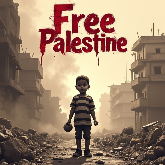 The cover features a sepia-toned war-torn street in the background, with a strong focal point of a young, bloodied Palestinian child standing resolute amidst the destruction. The child holds a stone in their hand. Billowing smoke fades into the edges of the cover, while the words “Free Palestine” are subtly inscribed into the smoke in Arabic calligraphy. A faint red hue runs across the periphery, symbolizing both passion and bloodshed.