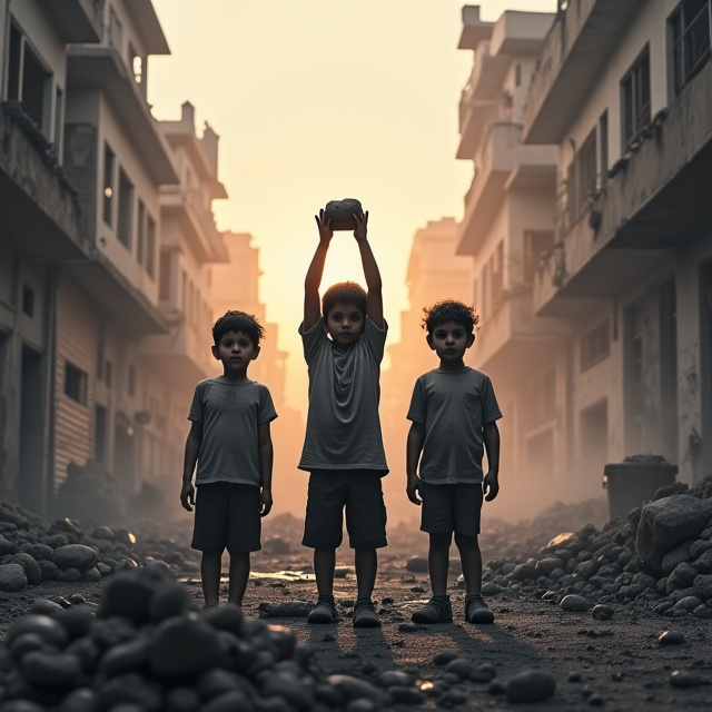 The cover depicts a chaotic, smoke-drenched street in Gaza in muted grayscale, suggesting both the destruction and the stark reality of war. At the center of the composition stand three wounded Palestinian children, their dirt- and blood-streaked faces illuminated by a soft, golden glow that breaks the grayscale tones – a glimmer of hope amidst despair. One child lifts a stone high against the darkened sky, while others stand firm, their eyes burning with defiance. The background features faint silhouettes of collapsed buildings and dimly visible drones in the smoky haze. The title takes center at the top, slightly textured like cracked stone, emphasizing resilience.