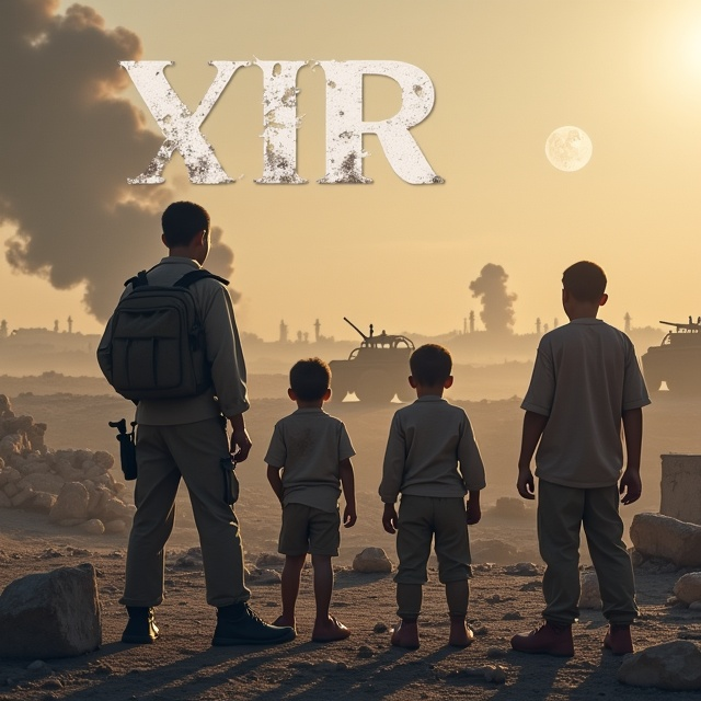 A hazy and desaturated background of a war-torn landscape. Ruins of homes dominate the midground. In the foreground, a group of Palestinian children stands, defiant and unyielding. They are bloodied and bandaged, yet their silhouettes exude strength and resilience. Above them, the looming presence of Israeli tanks approaches on the left, while on the right, silhouetted soldiers aim their rifles at the children. The sky is streaked with smoke from distant airstrikes, but a faint, glowing light breaks through, symbolizing hope amidst despair.