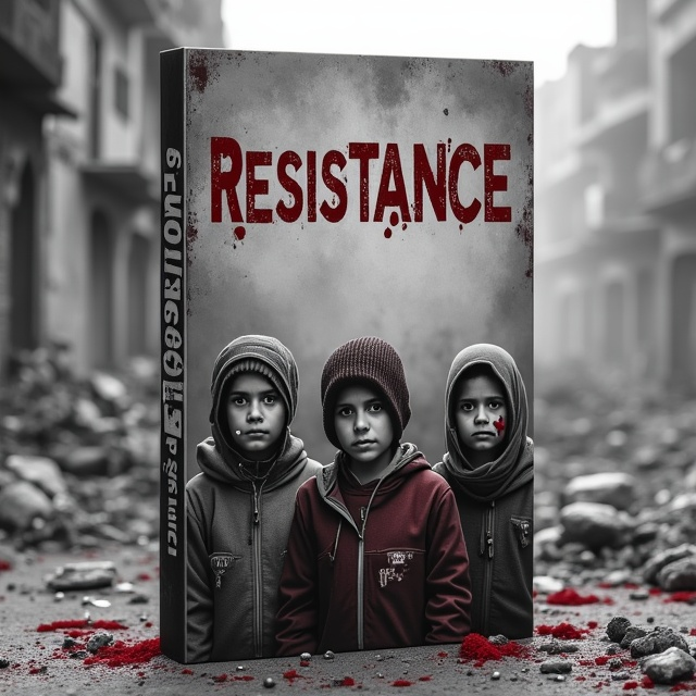 The cover features a striking scene set against a backdrop of grey ash and crumbling buildings. In the foreground, a group of Palestinian children is depicted in monochrome tones, highlighting their bandaged wounds and blood-stained clothes. Their faces are solemn yet defiant, with expressions that convey resilience and a longing for freedom. The children's figures are accentuated by subtle red accents on their clothing, symbolizing both their courage and the sacrifices they've endured. Above their heads, the word "Resistance" is etched into the smoky atmosphere, providing a haunting yet hopeful focal point.